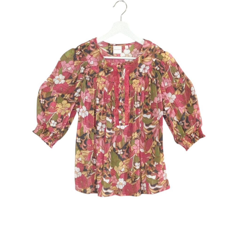 Zac & Rachel Shirt Women's Medium Pink Mod 70s Floral Smocking Crochet Blouse